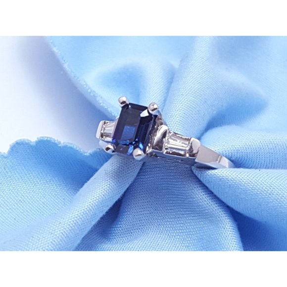Unique 14K Solid White Gold Designer Sapphire & Baguette Diamond Ring - Size 5.5 - Picture 3 of 16